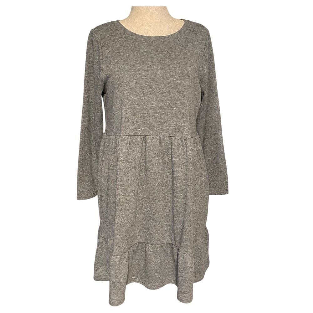 LOFT Long Sleeve Grey Tiered Sweatshirt Dress, Size Large Petite